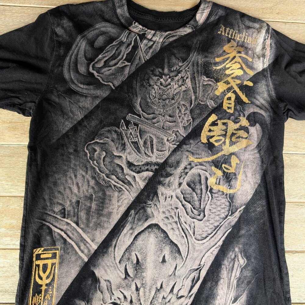 Vintage Y2K Affliction Heroes & Demons Dragon Samurai Shirt By Horiyoshi Sz M